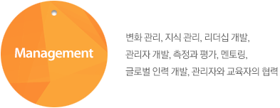 Management : 변화 관리, 지식 관리, 리더십 개발,  관리자 개발, 측정과 평가, 멘토링, 글로벌 인력 개발, 관리자와 교육자의 협력