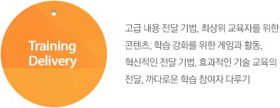 Training Delivery : 고급 내용 전달 기법, 최상위 교육자를 위한 콘텐츠, 학습 강화를 위한 게임과 활동, 혁신적인 전달 기법, 효과적인 기술 교육의 전달, 까다로운 학습 참여자 다루기
