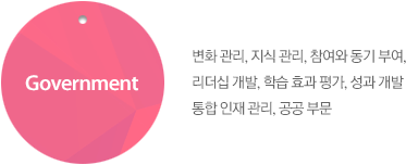Government : 변화 관리, 지식 관리, 참여와 동기 부여, 리더십 개발, 학습 효과 평가, 성과 개발 통합 인재 관리, 공공 부문